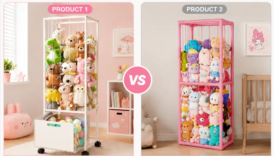 White Rolling Stuffed Animal Storage Organizer vs Pink Stuffed Animal Storage Organizer
