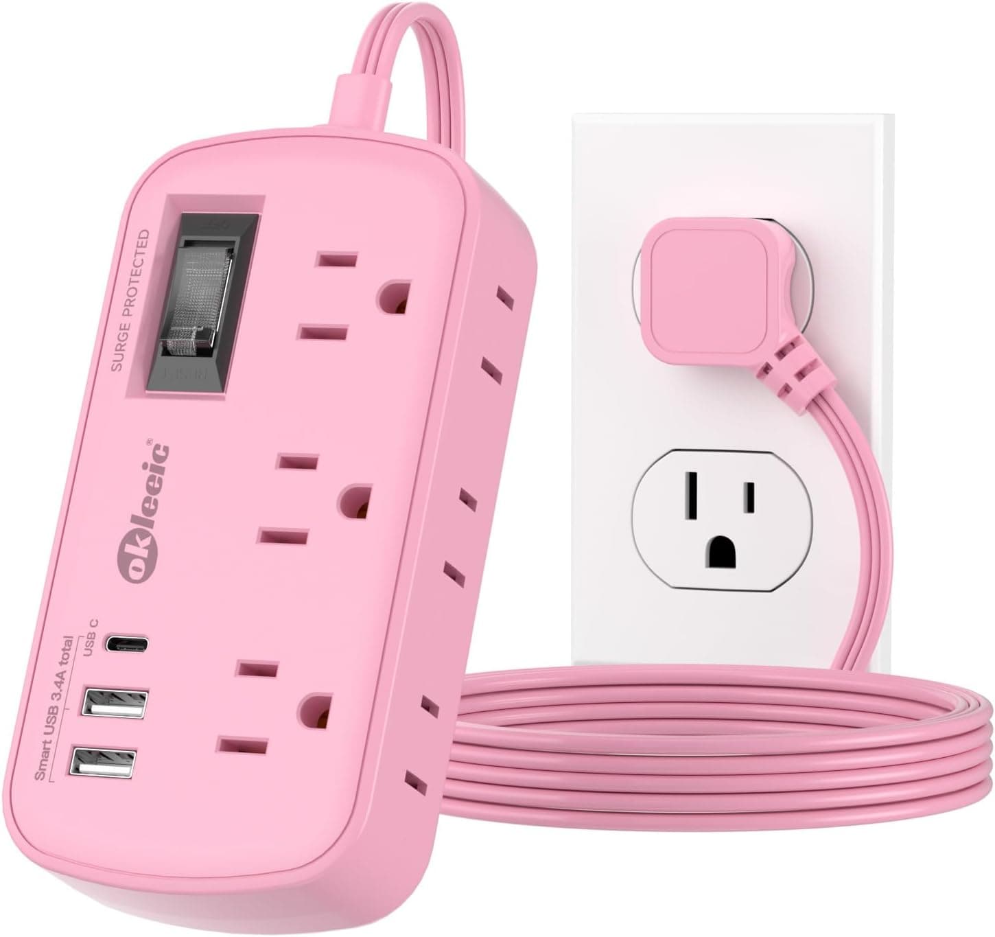 Pink Extension Cord - 5Ft Travel Power Strip with 3 USB