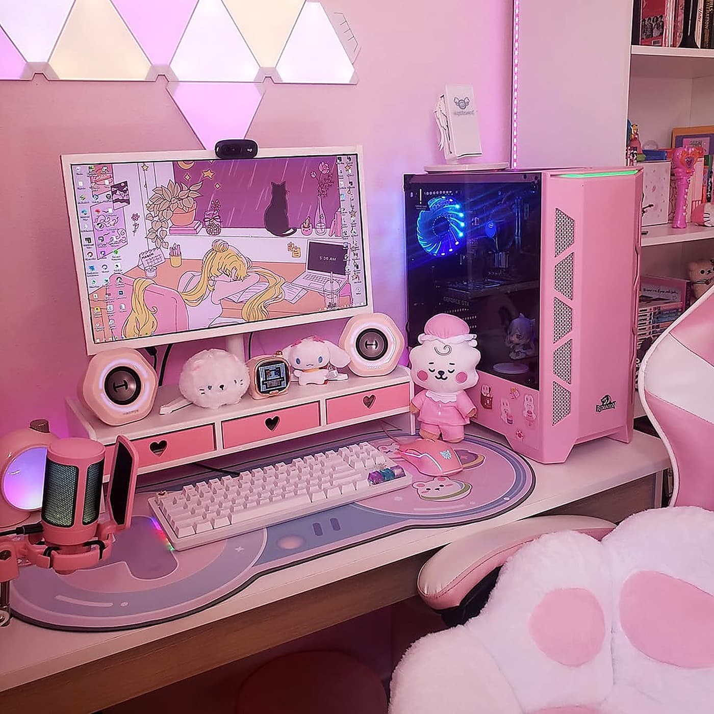Kawaii Pink Monitor Stand With 3 Drawers