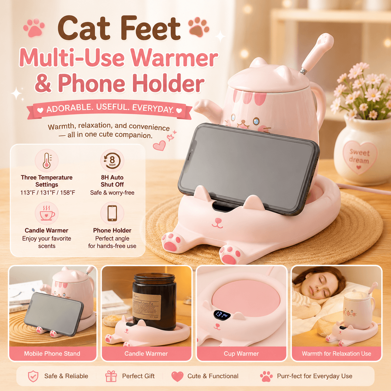 PUSEE Pink Cat Mug Warmer and Candle Warmer