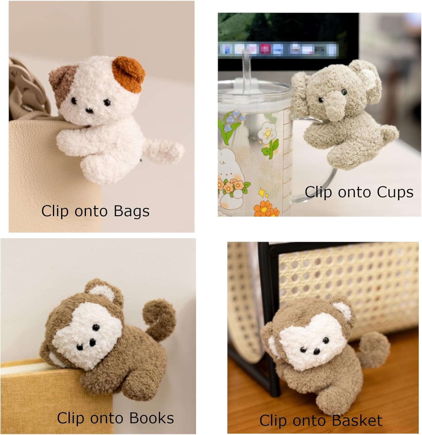 Cute Animal Plush Gift Set-Penguin Wrist Rest & 3 mini Plush Clips(Monkey,Dog,Elephant)